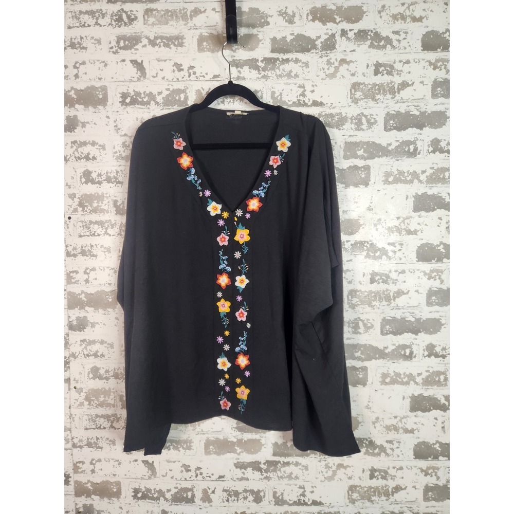Oddi Boho Embroidered Floral Blouse Size M/L Black Folk Peasant Top